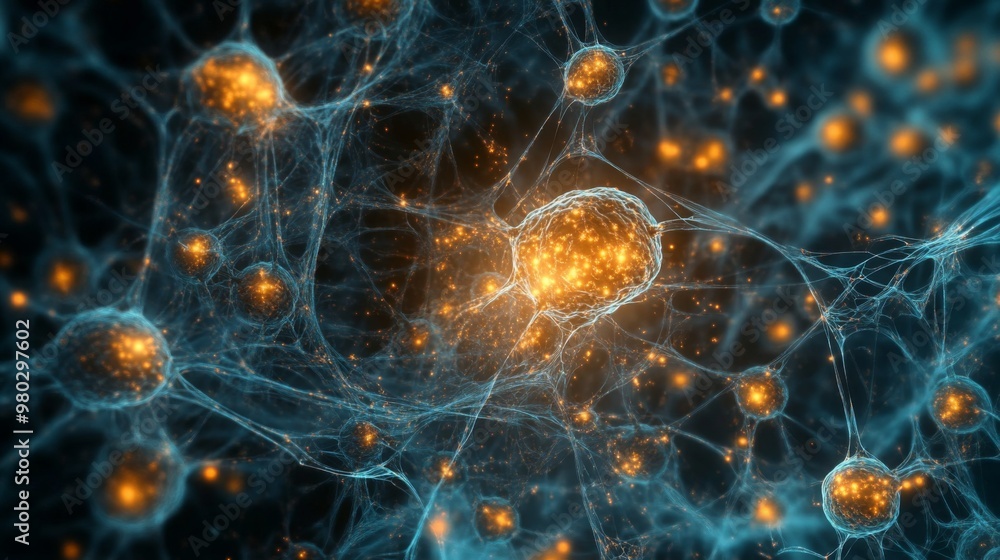 Poster The intricate network of neurons is highlighted by glowing synapses, showcasing connectivity and communication within the brain