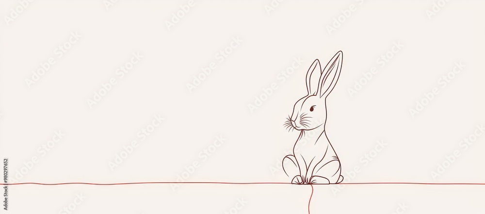 Wall mural greeting card and web banner illustration with a continuous line drawing of easter bunny with ears i