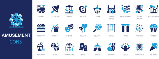 Amusement flat icons set. Park, entertainment, recreation, children, games, fun, carousels icons and more signs. 