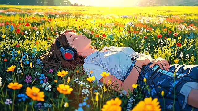 Lofi Animation Seamless Loop, Woman sleeping peacefully on a bed of flowers, 4K.