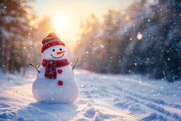 Fototapeta premium Snowman In Snowy Winter Wonderland with generative ai