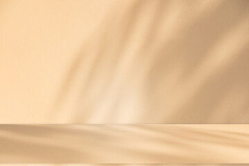 Wall interior background, studio and backdrops show products. with leaf shadow from window color beige and white. background for text insertion and presentation of product