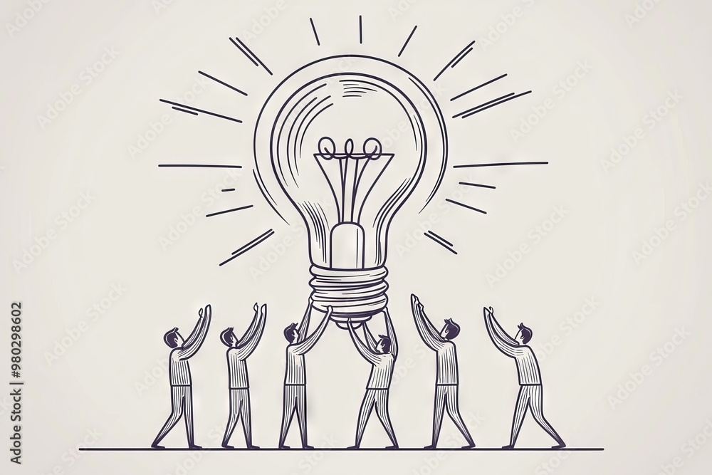 Wall mural Continually drawn one line drawing concept depicting the concept of a team working together. Men and women hold and lift a light bulb as part of creating an idea. The modern graphic illustration is