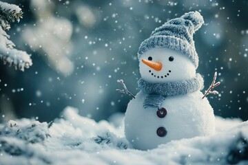 Fototapeta premium Snowman In Snowy Winter Wonderland with generative ai