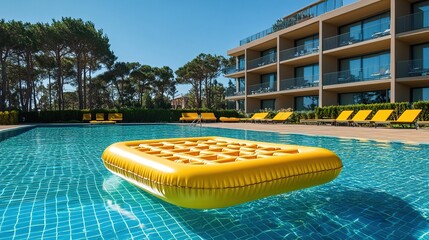 Yellow pool float near luxury hotel surrounded by trees.
