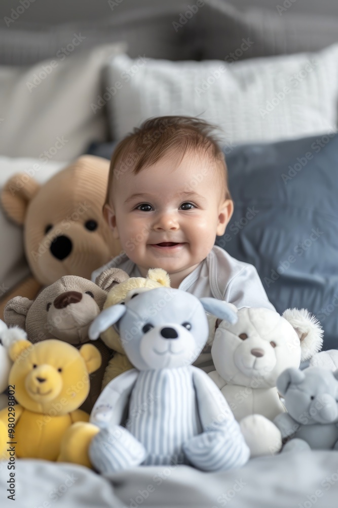 Poster The baby sat in front of the toy and laughed heartily