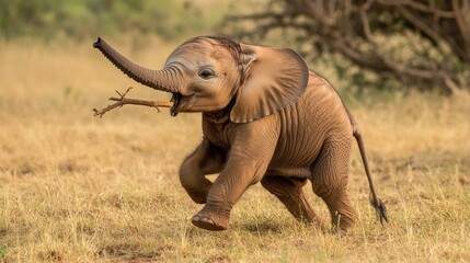 Obraz premium A baby elephant trying to use its trunk to pick up a stick, playfully learning how to use its new tool.
