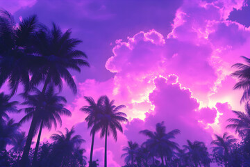 A vibrant purple sunset sky with palm trees silhouetted in the foreground.