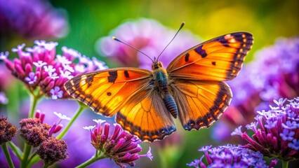 Obraz premium Vibrant orange butterfly with delicate black edges sips nectar from a cluster of lush purple flowers against a soft blurred green background.
