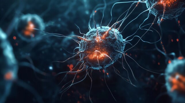 Neurons with intricate extensions glow in vibrant orange and blue against a dark backdrop, illustrating active connections and signaling in a digital display of brain activity.