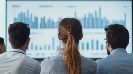 Professionals analyzing data graphs in a modern office setting, focusing on growth and performance metrics with collaborative teamwork.