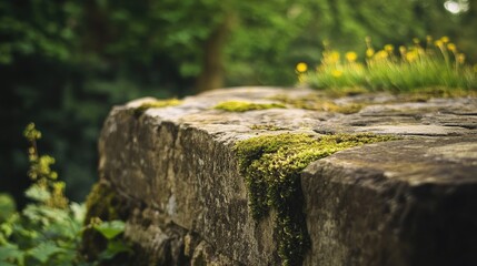 Fototapeta premium A close-up of an ancient wellas stone edge, weathered and covered with moss, showing the marks of time.