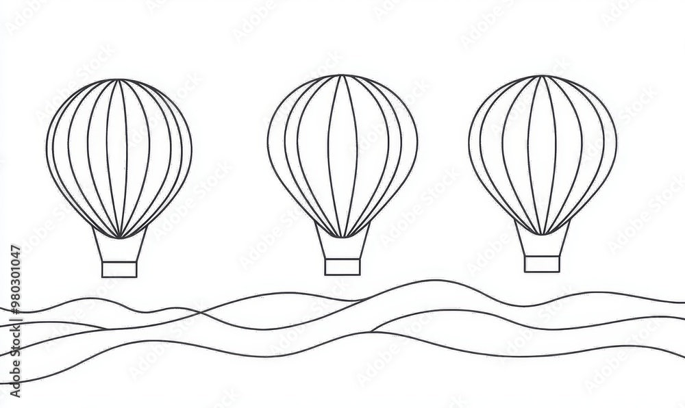 Wall mural a continuous one-line drawing of hot air balloons flying in the sky.