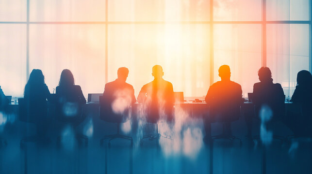Blurry office meeting scene featuring indistinct figures in a corporate setting. The image symbolizes business discussions, collaboration, teamwork, and decision-making processes in a modern work envi