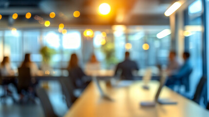 Blurry office meeting scene featuring indistinct figures in a corporate setting. The image symbolizes business discussions, collaboration, teamwork, and decision-making processes in a modern work envi