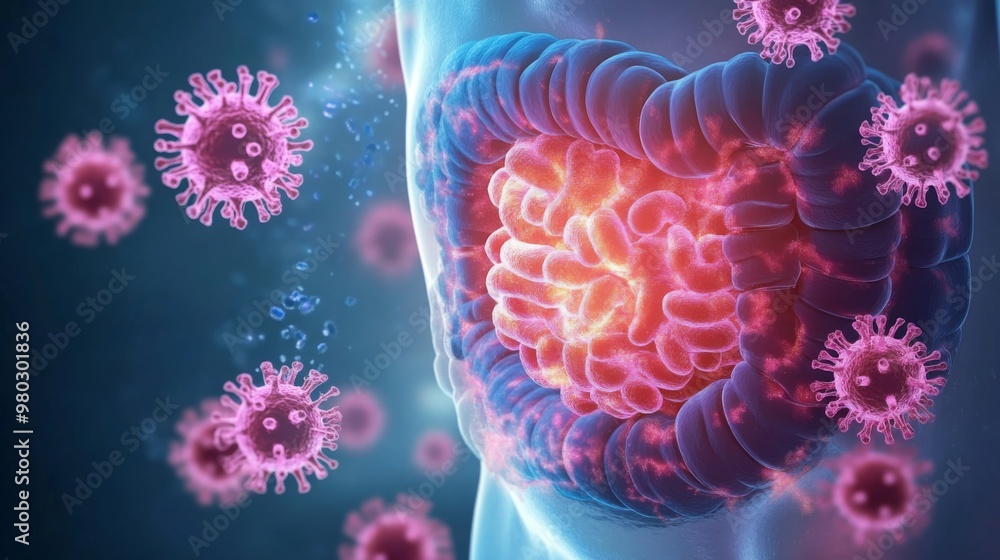 Poster a vibrant depiction shows the human gut microbiome filled with bacteria while viruses surround the d