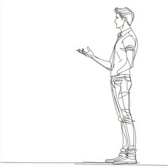 A continuous line drawing depicting a standing businessman making a presentation gesture.