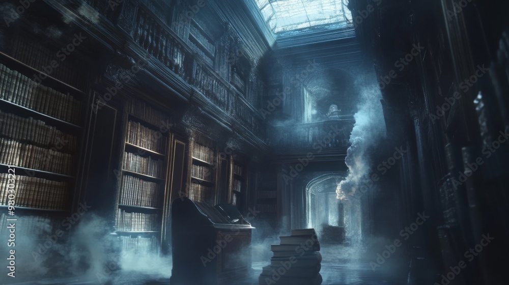 Aufkleber the library showcases tall, dark wooden shelves packed with dusty books, while ethereal fog seeps th