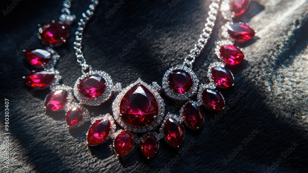 Poster top view of a ruby necklace displayed on a velvet surface with ample copy space for marketing.