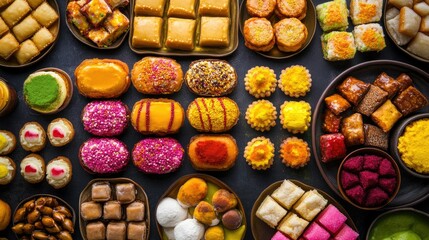 Fototapeta premium Top view of colorful mithai assortment with space for festival greetings or product branding.