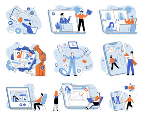 Online video meeting. Vector illustration. Distance is overcome through technology in international online video meetings Education embraces online video meeting concepts for remote learning