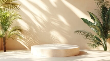 Minimalist Beige Podium with Tropical Plants and Sunlight Shadows