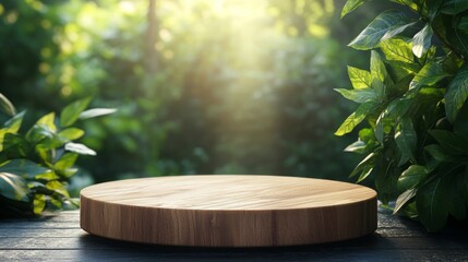 Wooden Product Display Platform on Green Foliage Background