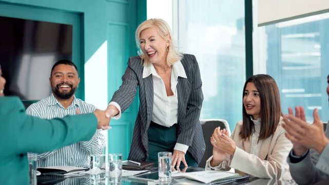 Discussion, group and meeting in boardroom, handshake and documents for financial report and brainstorming. Office, welcome and ai for fraud detection of insurance, people and processing of claims