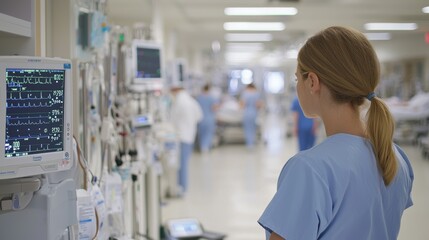 Obraz premium Dynamic Healthcare Scene - Travel Nurse Monitoring Patient Vitals in Busy Hospital Ward
