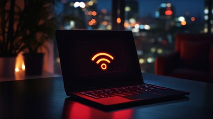 Red Wi-Fi Symbol on a Black Laptop at Night.