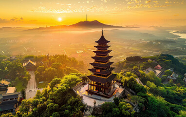 Mountain pagoda, sunrise and morning mist