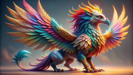 Vibrant 3D griffin with endearing expression stands graciously on a pristine white background, showcasing its majestic wings and radiant colors in a stunning digital artwork.