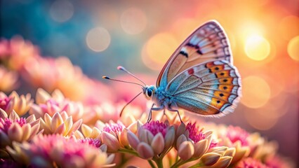 Vibrant tiny butterfly with iridescent wings perches delicately on a soft pink flower petal against a blurred wallpaper background of warm pastel hues.