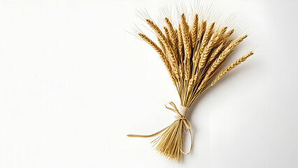 Fototapeta premium Wheat bundle decorative sheath tied with raffia bow on white background. Agricultural organic harvest summer autumn food,white and gray background,