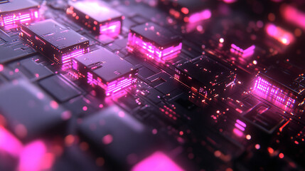 futuristic sci-fi design featuring dark neon panels. The image evokes a high-tech, otherworldly environment, symbolizing innovation, progress, and a dystopian future