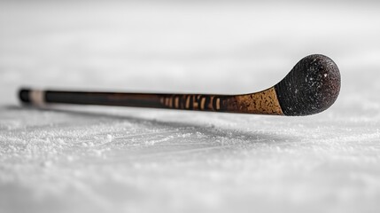 A close-up of a hockey stick on an ice surface.