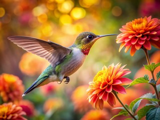 Fototapeta premium Vibrant autumn flower blooms in a serene garden, mesmerizing hummingbird sips nectar, iridescent feathers glisten in sunlight, tranquil atmosphere fills the warm autumn air.