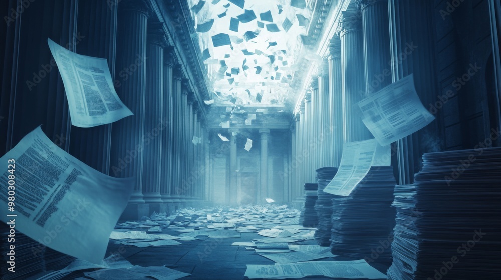 Poster an empty hall with towering pillars is filled with swirling papers. the papers appear to be flying i