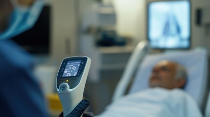 A close-up of an infrared thermometer being used to take a patient temperature. The reading is displayed instantly on a digital screen, with the patient sitting comfortably in the background.