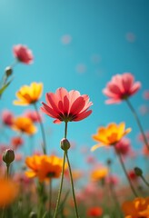 Low angle view of colorful flowers against blue sky background