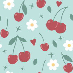 Seamless pattern of doodle hand drawn cherry fruit with green leaves, white flowers and hearts on green background. Cute berries and blossoms allover background
