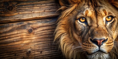 Fototapeta premium Intense closeup of a lion's eye in a warm brown tone, showcasing intricate eyelashes and fur texture, set against a rustic wood background, exuding fierce wildness.