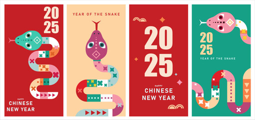 Set of 2025 Chinese new year, year of the snake banner templates design with modern geometric style snakes. Notebook cover, brochure, postcard, banner.