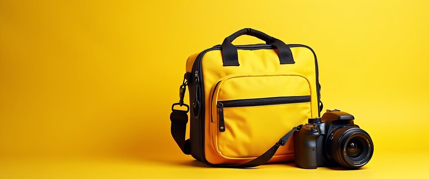 A digital camera and a yellow camera bag isolated on yellow background with copy space