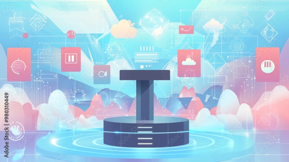 Poster abstract digital platform concept with floating icons and cloud technology, representing modern data