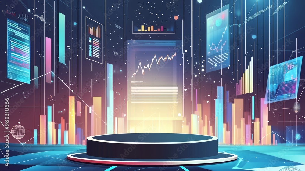 Poster futuristic digital platform with data visualizations and charts, showcasing financial analysis and a