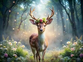 Whimsical young deer emerges from ethereal morning mist, adorned with delicate dewy flowers on antlers, capturing innocence and serenity in a mystical forest setting.