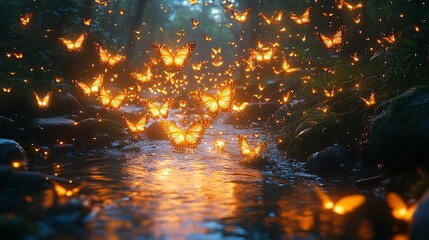 A magical forest stream illuminated by glowing butterflies.