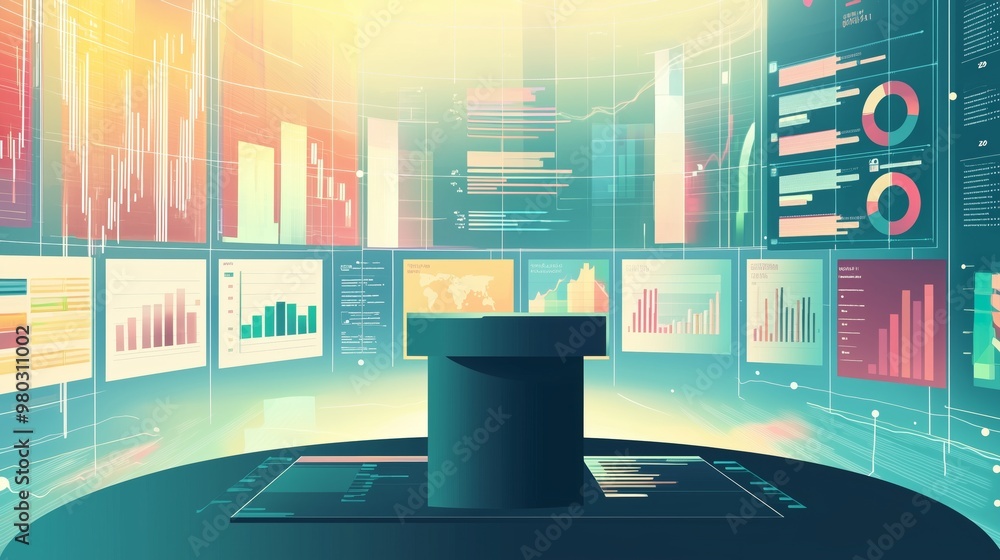 Poster futuristic control room dashboard with data visualizations, glowing screens, charts and graphs, perf