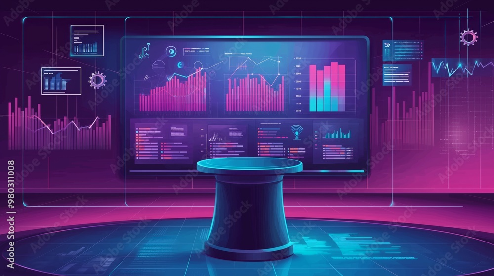 Poster futuristic data analysis room with digital screens displaying charts and graphs, highlighting techno